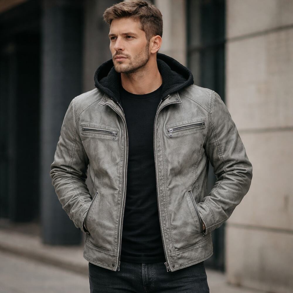 Surplus Faux Leather Biker Bomber Hoodie Jacket Men’s M Gray Fleece Lined